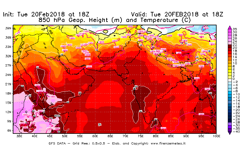 Mappa di analisi GFS - Geopotenziale [m] e Temperatura [°C] a 850 hPa in Asia Sud-Occidentale
									del 20/02/2018 18 <!--googleoff: index-->UTC<!--googleon: index-->
