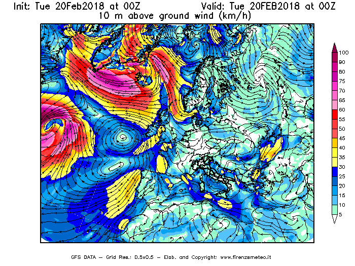 Mappa di analisi GFS - Velocità del vento a 10 metri dal suolo [km/h] in Europa
									del 20/02/2018 00 <!--googleoff: index-->UTC<!--googleon: index-->