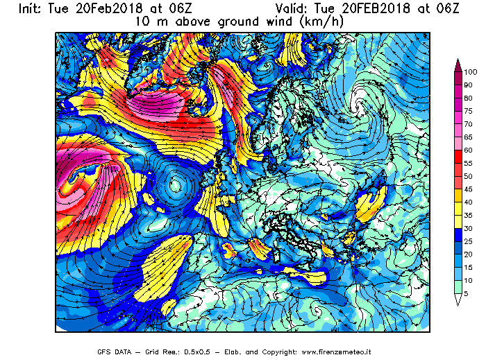 Mappa di analisi GFS - Velocità del vento a 10 metri dal suolo [km/h] in Europa
									del 20/02/2018 06 <!--googleoff: index-->UTC<!--googleon: index-->