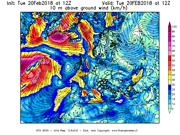Mappa di analisi GFS - Velocità del vento a 10 metri dal suolo [km/h] in Europa
									del 20/02/2018 12 <!--googleoff: index-->UTC<!--googleon: index-->