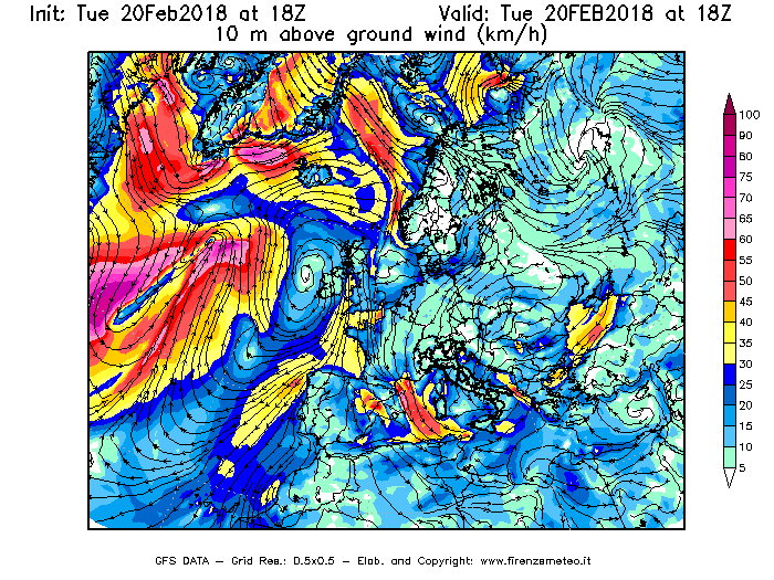 Mappa di analisi GFS - Velocità del vento a 10 metri dal suolo [km/h] in Europa
									del 20/02/2018 18 <!--googleoff: index-->UTC<!--googleon: index-->