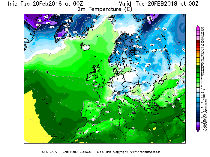 Mappa di analisi GFS - Temperatura a 2 metri dal suolo [°C] in Europa
									del 20/02/2018 00 <!--googleoff: index-->UTC<!--googleon: index-->