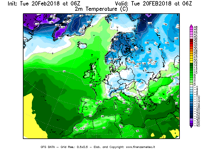 Mappa di analisi GFS - Temperatura a 2 metri dal suolo [°C] in Europa
									del 20/02/2018 06 <!--googleoff: index-->UTC<!--googleon: index-->