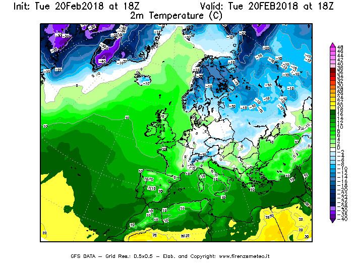 Mappa di analisi GFS - Temperatura a 2 metri dal suolo [°C] in Europa
									del 20/02/2018 18 <!--googleoff: index-->UTC<!--googleon: index-->