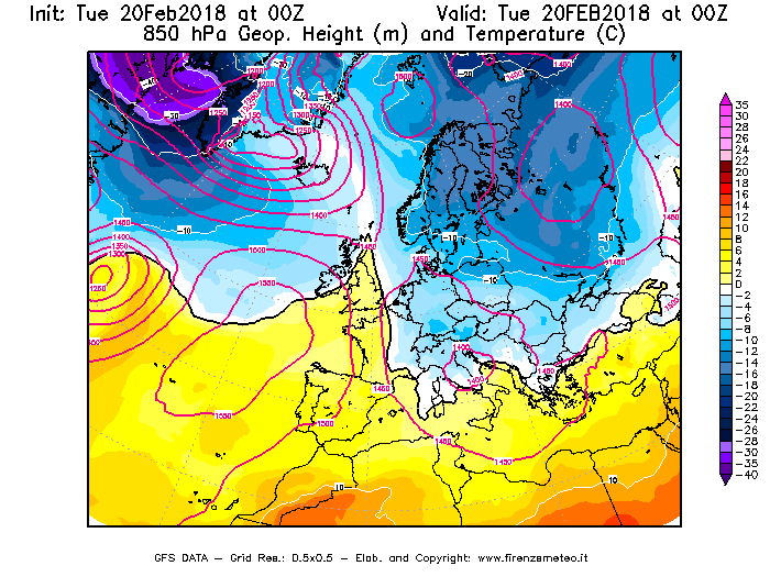 Mappa di analisi GFS - Geopotenziale [m] e Temperatura [°C] a 850 hPa in Europa
									del 20/02/2018 00 <!--googleoff: index-->UTC<!--googleon: index-->