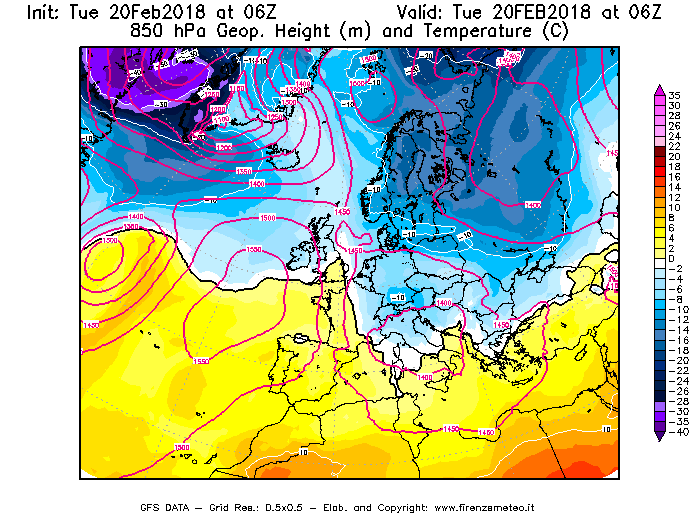 Mappa di analisi GFS - Geopotenziale [m] e Temperatura [°C] a 850 hPa in Europa
									del 20/02/2018 06 <!--googleoff: index-->UTC<!--googleon: index-->