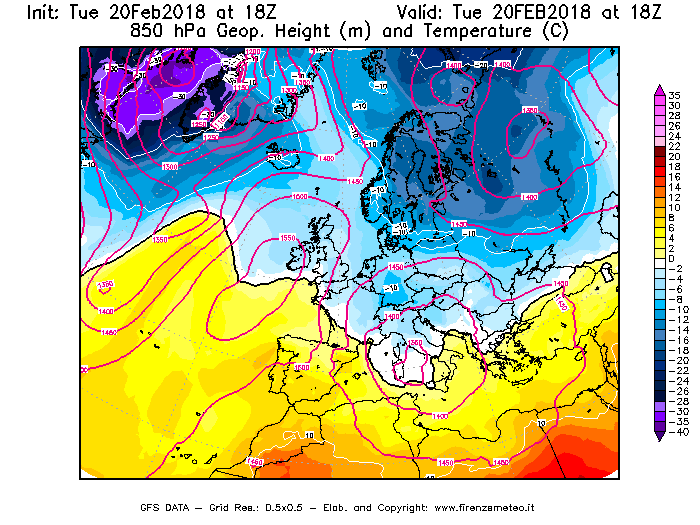 Mappa di analisi GFS - Geopotenziale [m] e Temperatura [°C] a 850 hPa in Europa
									del 20/02/2018 18 <!--googleoff: index-->UTC<!--googleon: index-->