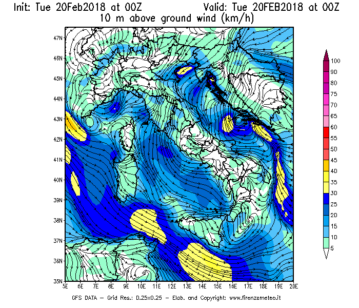 Mappa di analisi GFS - Velocità del vento a 10 metri dal suolo [km/h] in Italia
									del 20/02/2018 00 <!--googleoff: index-->UTC<!--googleon: index-->