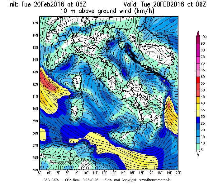 Mappa di analisi GFS - Velocità del vento a 10 metri dal suolo [km/h] in Italia
									del 20/02/2018 06 <!--googleoff: index-->UTC<!--googleon: index-->
