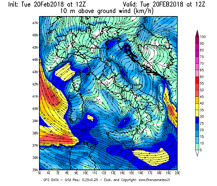 Mappa di analisi GFS - Velocità del vento a 10 metri dal suolo [km/h] in Italia
									del 20/02/2018 12 <!--googleoff: index-->UTC<!--googleon: index-->