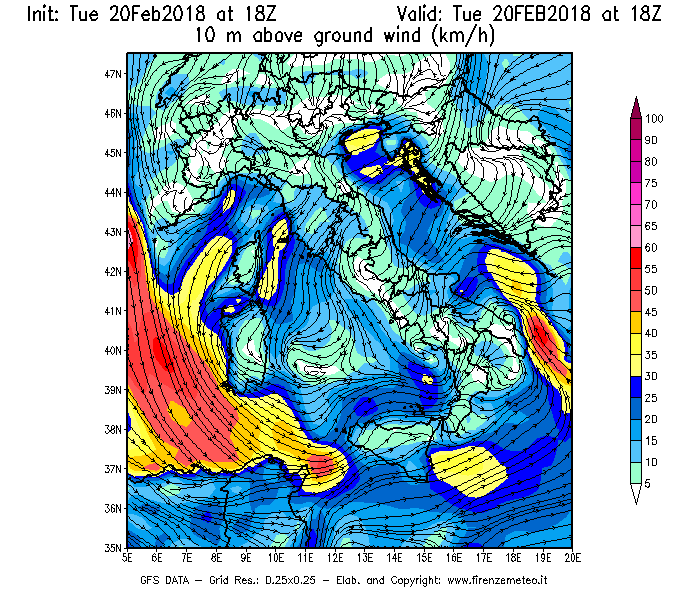 Mappa di analisi GFS - Velocità del vento a 10 metri dal suolo [km/h] in Italia
									del 20/02/2018 18 <!--googleoff: index-->UTC<!--googleon: index-->