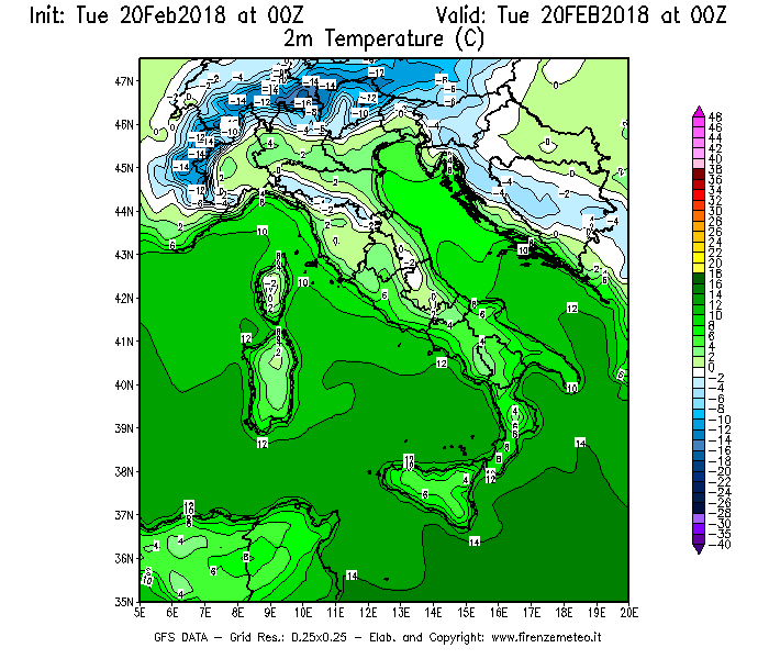 Mappa di analisi GFS - Temperatura a 2 metri dal suolo [°C] in Italia
									del 20/02/2018 00 <!--googleoff: index-->UTC<!--googleon: index-->