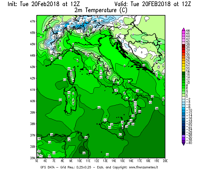 Mappa di analisi GFS - Temperatura a 2 metri dal suolo [°C] in Italia
									del 20/02/2018 12 <!--googleoff: index-->UTC<!--googleon: index-->