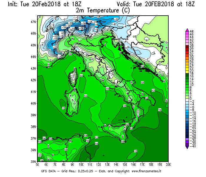 Mappa di analisi GFS - Temperatura a 2 metri dal suolo [°C] in Italia
									del 20/02/2018 18 <!--googleoff: index-->UTC<!--googleon: index-->