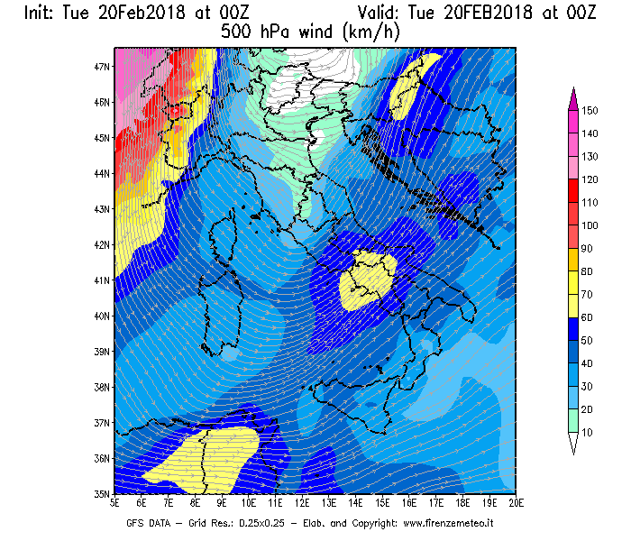 Mappa di analisi GFS - Velocità del vento a 500 hPa [km/h] in Italia
									del 20/02/2018 00 <!--googleoff: index-->UTC<!--googleon: index-->