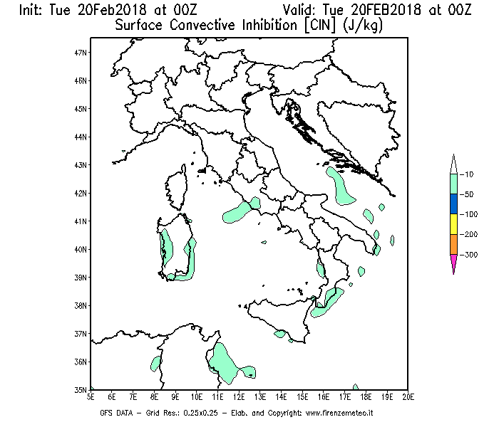 Mappa di analisi GFS - CIN [J/kg] in Italia
									del 20/02/2018 00 <!--googleoff: index-->UTC<!--googleon: index-->