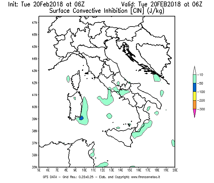 Mappa di analisi GFS - CIN [J/kg] in Italia
									del 20/02/2018 06 <!--googleoff: index-->UTC<!--googleon: index-->
