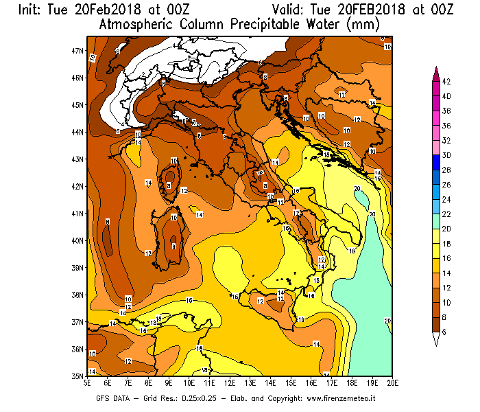 Mappa di analisi GFS - Precipitable Water [mm] in Italia
									del 20/02/2018 00 <!--googleoff: index-->UTC<!--googleon: index-->