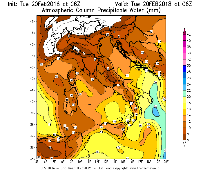 Mappa di analisi GFS - Precipitable Water [mm] in Italia
									del 20/02/2018 06 <!--googleoff: index-->UTC<!--googleon: index-->