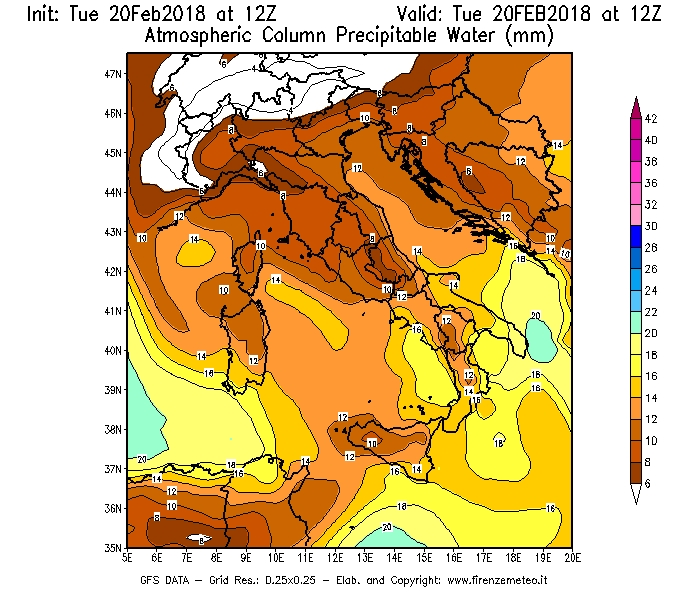 Mappa di analisi GFS - Precipitable Water [mm] in Italia
									del 20/02/2018 12 <!--googleoff: index-->UTC<!--googleon: index-->