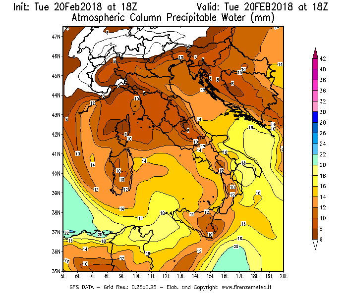 Mappa di analisi GFS - Precipitable Water [mm] in Italia
									del 20/02/2018 18 <!--googleoff: index-->UTC<!--googleon: index-->