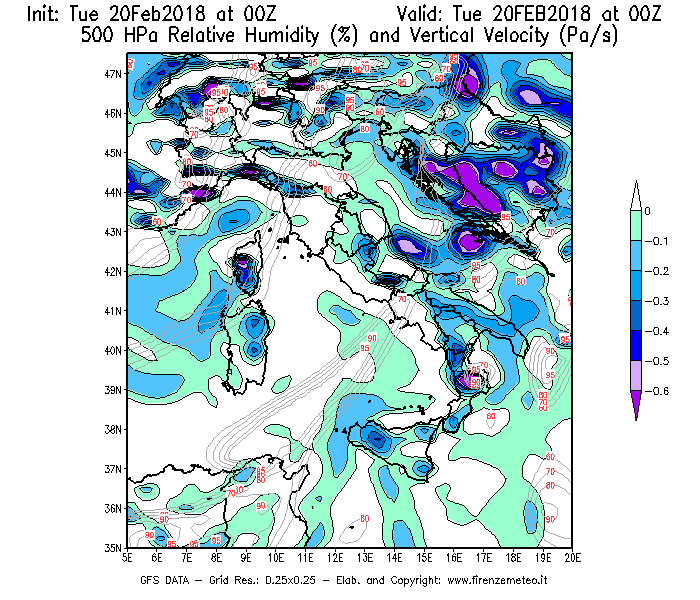 Mappa di analisi GFS - Umidità relativa [%] e Omega [Pa/s] a 500 hPa in Italia
									del 20/02/2018 00 <!--googleoff: index-->UTC<!--googleon: index-->