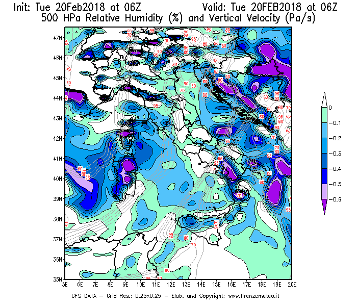 Mappa di analisi GFS - Umidità relativa [%] e Omega [Pa/s] a 500 hPa in Italia
									del 20/02/2018 06 <!--googleoff: index-->UTC<!--googleon: index-->