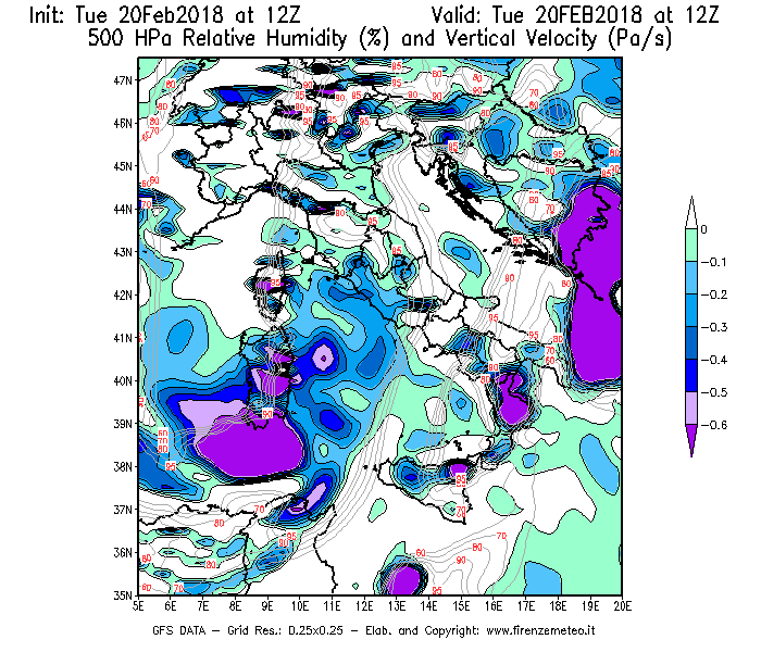 Mappa di analisi GFS - Umidità relativa [%] e Omega [Pa/s] a 500 hPa in Italia
									del 20/02/2018 12 <!--googleoff: index-->UTC<!--googleon: index-->