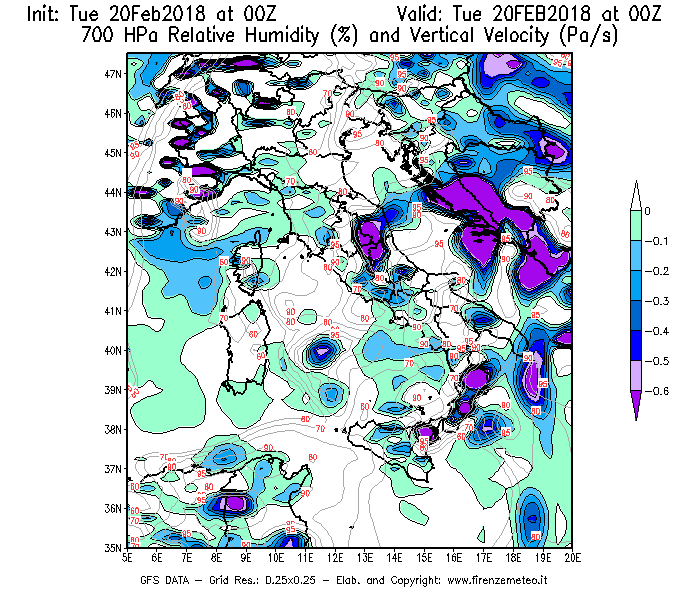 Mappa di analisi GFS - Umidità relativa [%] e Omega [Pa/s] a 700 hPa in Italia
									del 20/02/2018 00 <!--googleoff: index-->UTC<!--googleon: index-->