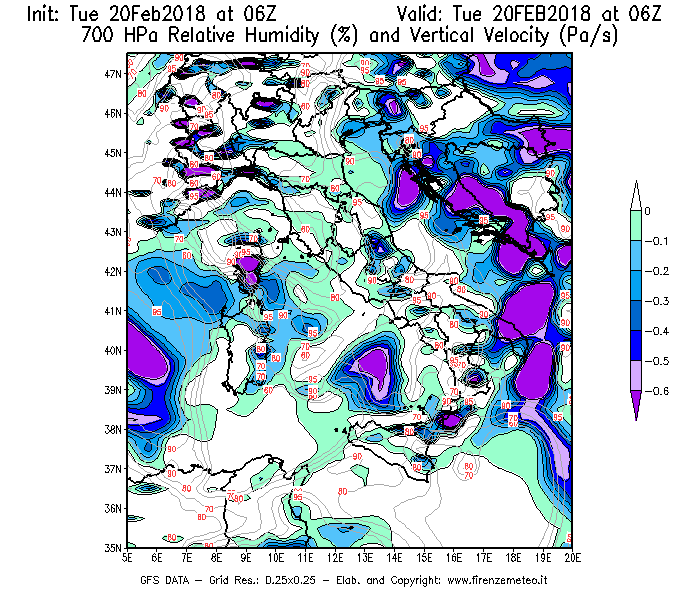 Mappa di analisi GFS - Umidità relativa [%] e Omega [Pa/s] a 700 hPa in Italia
									del 20/02/2018 06 <!--googleoff: index-->UTC<!--googleon: index-->