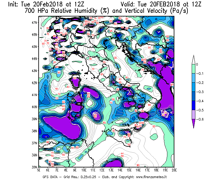 Mappa di analisi GFS - Umidità relativa [%] e Omega [Pa/s] a 700 hPa in Italia
									del 20/02/2018 12 <!--googleoff: index-->UTC<!--googleon: index-->