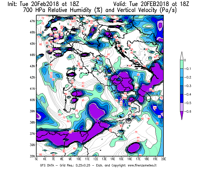 Mappa di analisi GFS - Umidità relativa [%] e Omega [Pa/s] a 700 hPa in Italia
									del 20/02/2018 18 <!--googleoff: index-->UTC<!--googleon: index-->