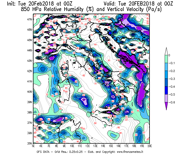 Mappa di analisi GFS - Umidità relativa [%] e Omega [Pa/s] a 850 hPa in Italia
									del 20/02/2018 00 <!--googleoff: index-->UTC<!--googleon: index-->
