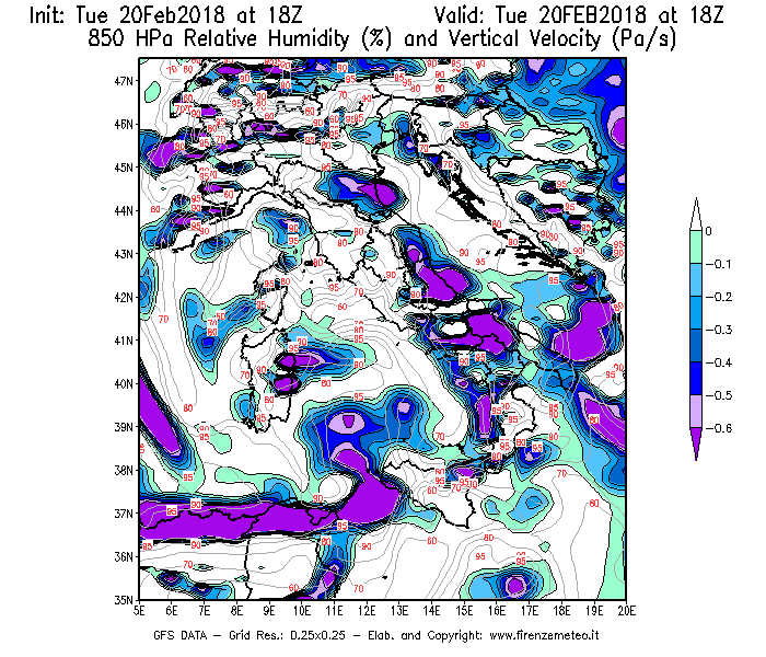 Mappa di analisi GFS - Umidità relativa [%] e Omega [Pa/s] a 850 hPa in Italia
									del 20/02/2018 18 <!--googleoff: index-->UTC<!--googleon: index-->