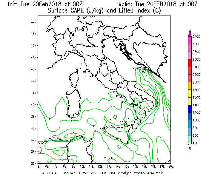 Mappa di analisi GFS - CAPE [J/kg] e Lifted Index [°C] in Italia
									del 20/02/2018 00 <!--googleoff: index-->UTC<!--googleon: index-->