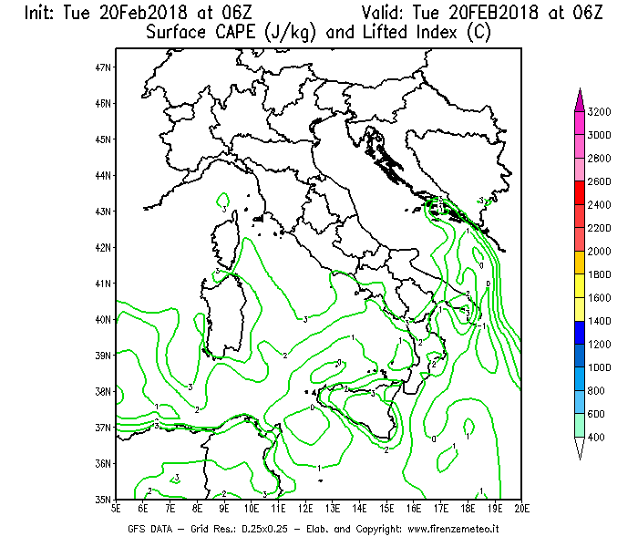Mappa di analisi GFS - CAPE [J/kg] e Lifted Index [°C] in Italia
									del 20/02/2018 06 <!--googleoff: index-->UTC<!--googleon: index-->