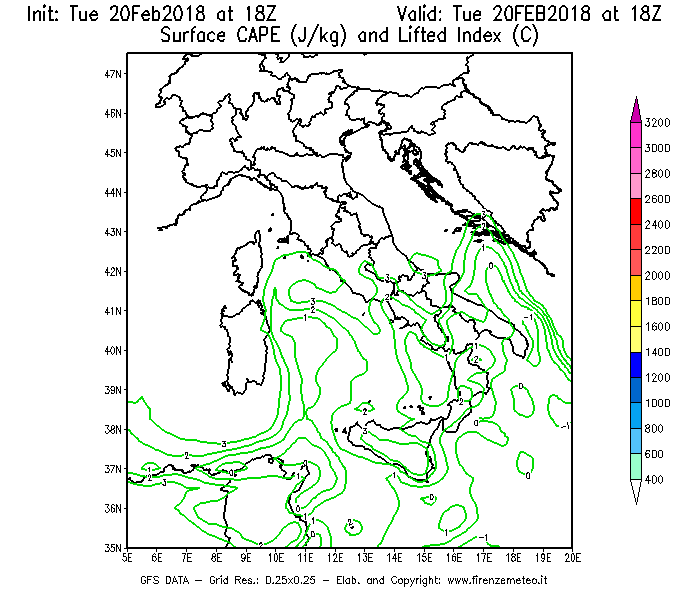Mappa di analisi GFS - CAPE [J/kg] e Lifted Index [°C] in Italia
									del 20/02/2018 18 <!--googleoff: index-->UTC<!--googleon: index-->