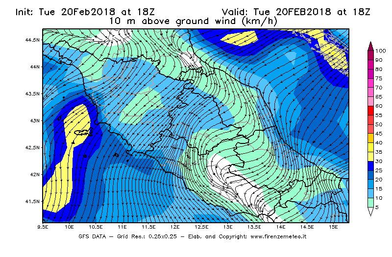 Mappa di analisi GFS - Velocità del vento a 10 metri dal suolo [km/h] in Centro-Italia
									del 20/02/2018 18 <!--googleoff: index-->UTC<!--googleon: index-->