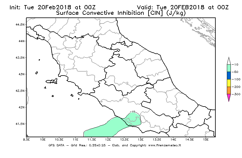 Mappa di analisi GFS - CIN [J/kg] in Centro-Italia
									del 20/02/2018 00 <!--googleoff: index-->UTC<!--googleon: index-->
