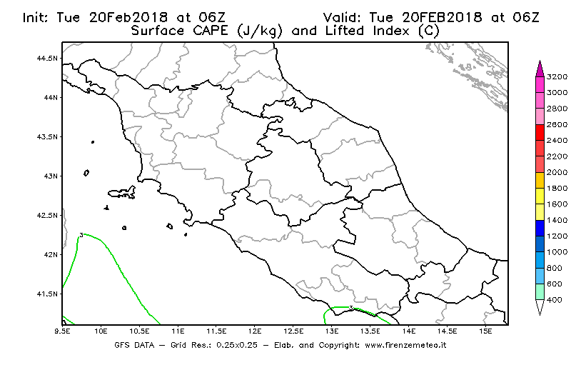 Mappa di analisi GFS - CAPE [J/kg] e Lifted Index [°C] in Centro-Italia
									del 20/02/2018 06 <!--googleoff: index-->UTC<!--googleon: index-->