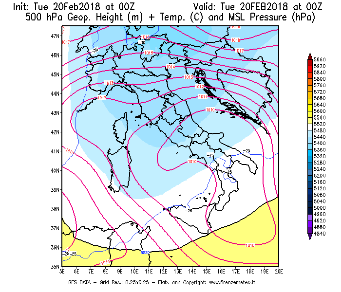Mappa di analisi GFS - Geopotenziale [m] + Temp. [°C] a 500 hPa + Press. a livello del mare [hPa] in Italia
									del 20/02/2018 00 <!--googleoff: index-->UTC<!--googleon: index-->