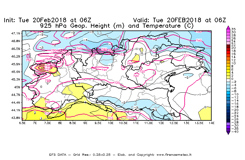Mappa di analisi GFS - Geopotenziale [m] e Temperatura [°C] a 925 hPa in Nord-Italia
									del 20/02/2018 06 <!--googleoff: index-->UTC<!--googleon: index-->
