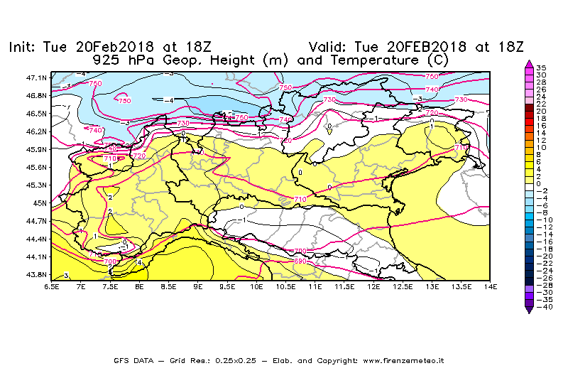 Mappa di analisi GFS - Geopotenziale [m] e Temperatura [°C] a 925 hPa in Nord-Italia
									del 20/02/2018 18 <!--googleoff: index-->UTC<!--googleon: index-->