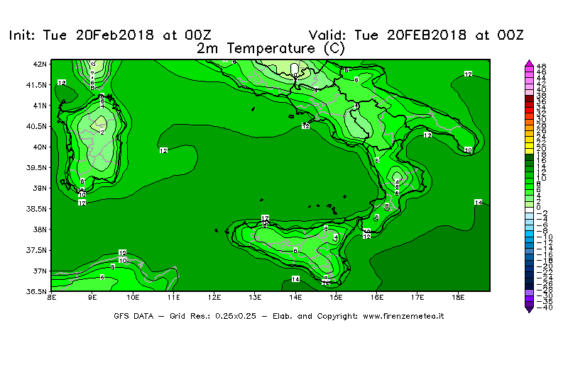 Mappa di analisi GFS - Temperatura a 2 metri dal suolo [°C] in Sud-Italia
									del 20/02/2018 00 <!--googleoff: index-->UTC<!--googleon: index-->