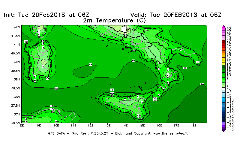 Mappa di analisi GFS - Temperatura a 2 metri dal suolo [°C] in Sud-Italia
									del 20/02/2018 06 <!--googleoff: index-->UTC<!--googleon: index-->