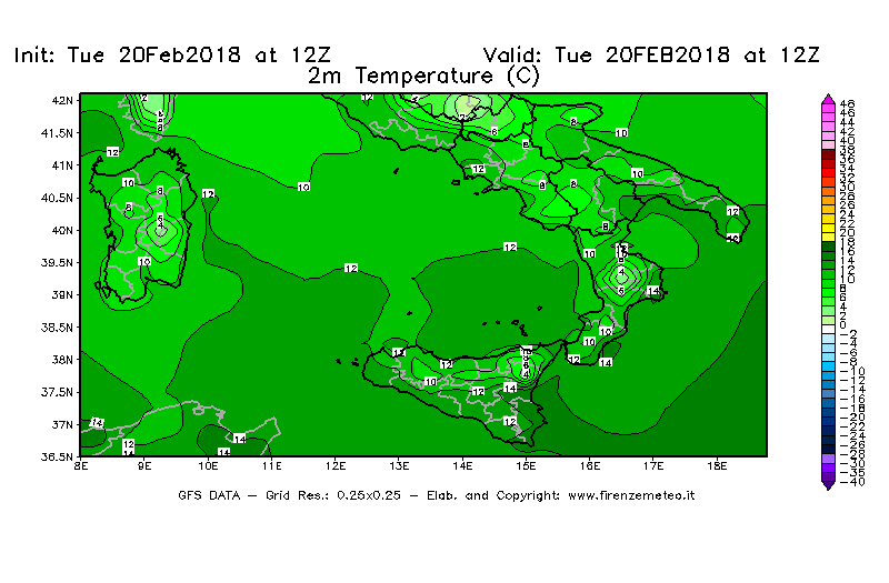 Mappa di analisi GFS - Temperatura a 2 metri dal suolo [°C] in Sud-Italia
									del 20/02/2018 12 <!--googleoff: index-->UTC<!--googleon: index-->