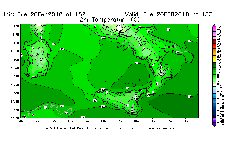 Mappa di analisi GFS - Temperatura a 2 metri dal suolo [°C] in Sud-Italia
									del 20/02/2018 18 <!--googleoff: index-->UTC<!--googleon: index-->