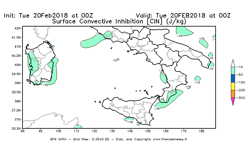 Mappa di analisi GFS - CIN [J/kg] in Sud-Italia
									del 20/02/2018 00 <!--googleoff: index-->UTC<!--googleon: index-->