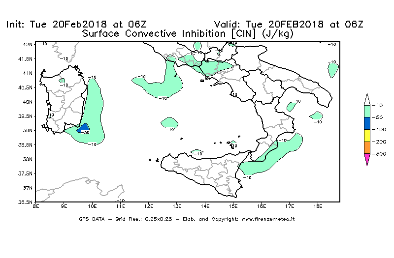Mappa di analisi GFS - CIN [J/kg] in Sud-Italia
									del 20/02/2018 06 <!--googleoff: index-->UTC<!--googleon: index-->