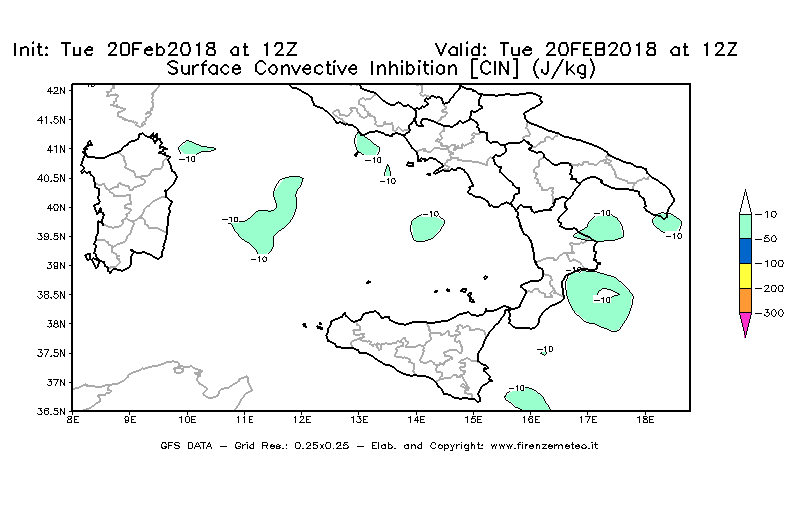 Mappa di analisi GFS - CIN [J/kg] in Sud-Italia
									del 20/02/2018 12 <!--googleoff: index-->UTC<!--googleon: index-->